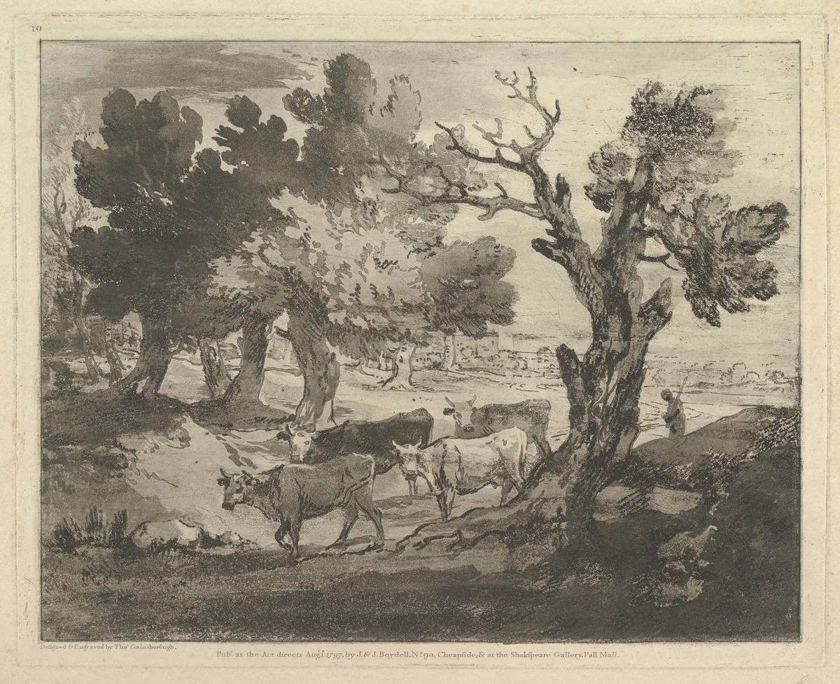 Wooded Landscape with Herdsmen and Cows by Thomas Gainsborough, print, 1797