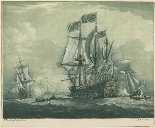 Shipping Scene with Man-of-War by Elisha Kirkall
Willem van de Velde the Younger, print, 1682-1742