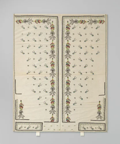 Vest, ongesneden, geborduurd in een floraal fantasiepatroon in veelkleurige zijde, zilverdraad, zilveren lovers en stras, beschilderd met een geometrische rand, op crèmekleurige tafzijde by anonymous, textile, 1780-1795