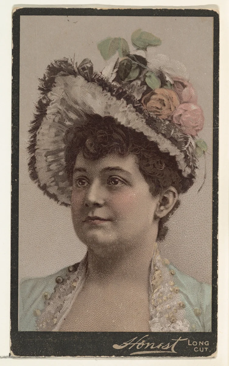 Actress wearing elaborate hat with flowers, from Stars of the Stage, Third Series (N131) issued by Duke Sons & Co. to promote Honest Long Cut Tobacco by W. Duke, Sons & Co., print, 1891-1892