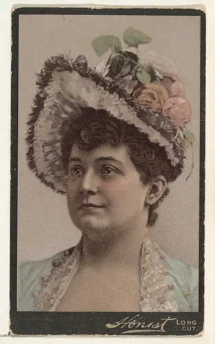 Actress wearing elaborate hat with flowers, from Stars of the Stage, Third Series (N131) issued by Duke Sons & Co. to promote Honest Long Cut Tobacco by W. Duke, Sons & Co., print, 1891-1892