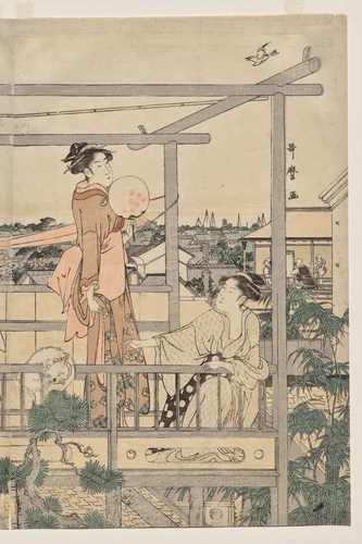 Women Hanging Laundry to Dry on a Balcony by Kitagawa Utamaro (喜多川歌麿), print, 1790-1794