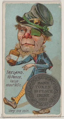 Caricatured Irishman, 10 Pence, from the series Coins of All Nations (N72, variation 2) for Duke brand cigarettes by W. Duke, Sons & Co., print, 1889