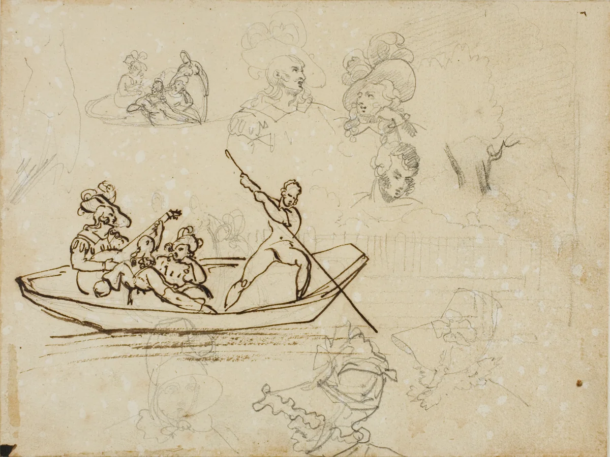 Sketches of a Musical Boating Party and of a Woman Wearing a Tall Hat by Jean Louis André Théodore Géricault, drawing, 1813-1814