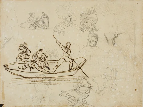 Sketches of a Musical Boating Party and of a Woman Wearing a Tall Hat by Jean Louis André Théodore Géricault, drawing, 1813-1814