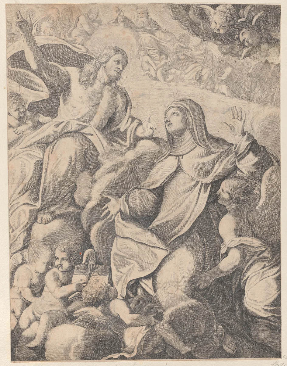 Christ receiving the Virgin in heaven by Carlo Antonio Forti, print, 1677-1732