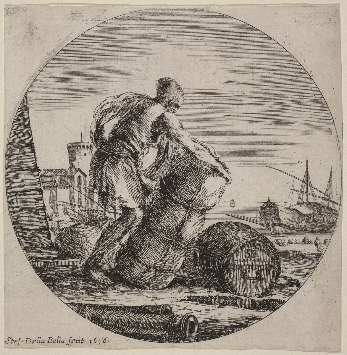 Galley Slave Hauling a Ship's Cargo by Stefano della Bella, print, 1656