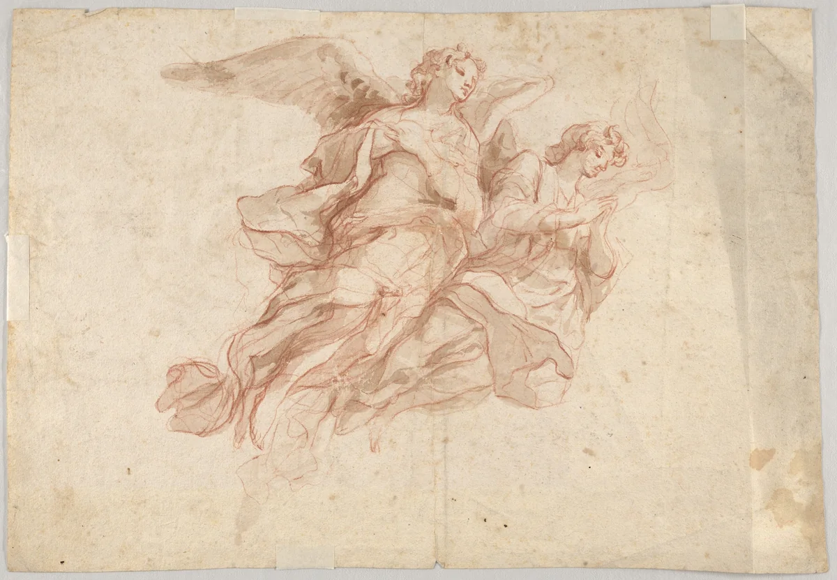 Two Angels Flying; verso: God the Father Seated in the Clouds and a Sketch of a Figure Flying by Cosmas Damian Asam, drawing, 1720
