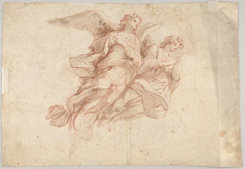Two Angels Flying; verso: God the Father Seated in the Clouds and a Sketch of a Figure Flying by Cosmas Damian Asam, drawing, 1720