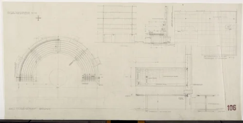 Tugendhat House, Brno, Czech Republic, (Semicircular terrace bench with framework for planters. Circular terrace table made of concrete. Plans, sections.) by Ludwig Mies van der Rohe, mies van der rohe archive, 1928