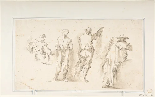 Figure Studies: Two Standing and Two Seated Men by Micco Spadaro, drawing, 1609-1675