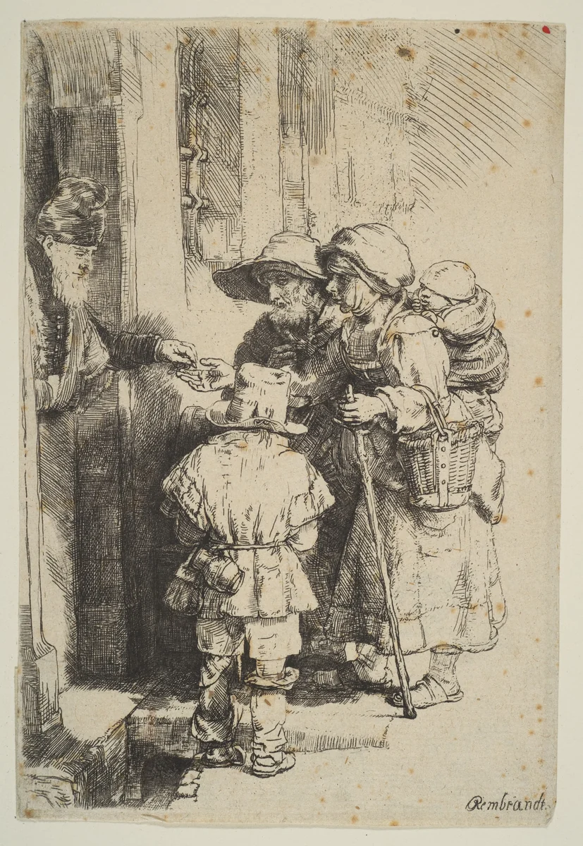 Beggars Receiving Alms at the Door of a House by Rembrandt van Rijn, print, 1648