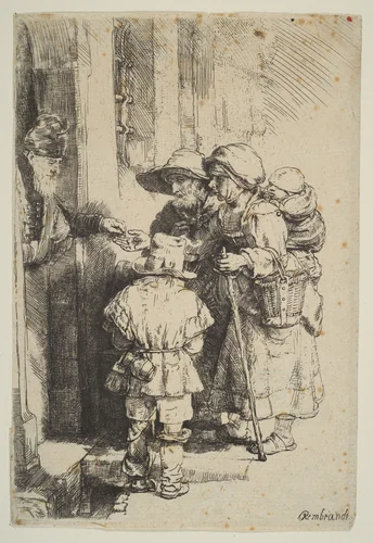 Beggars Receiving Alms at the Door of a House by Rembrandt van Rijn, print, 1648