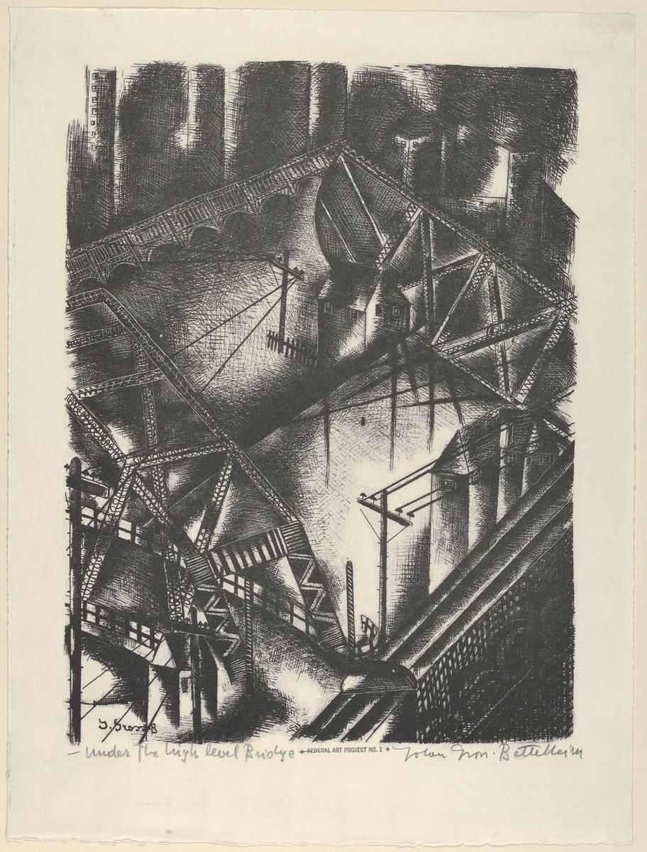 Under The High Level Bridge by Jolan Gross Bettelheim, print, 1935-1936