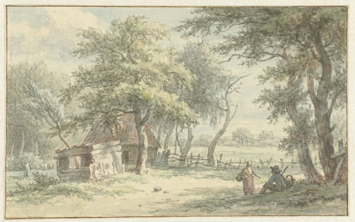 Figuren bij hutje in het Naarder Houd by Egbert van Drielst, drawing, 1755-1818