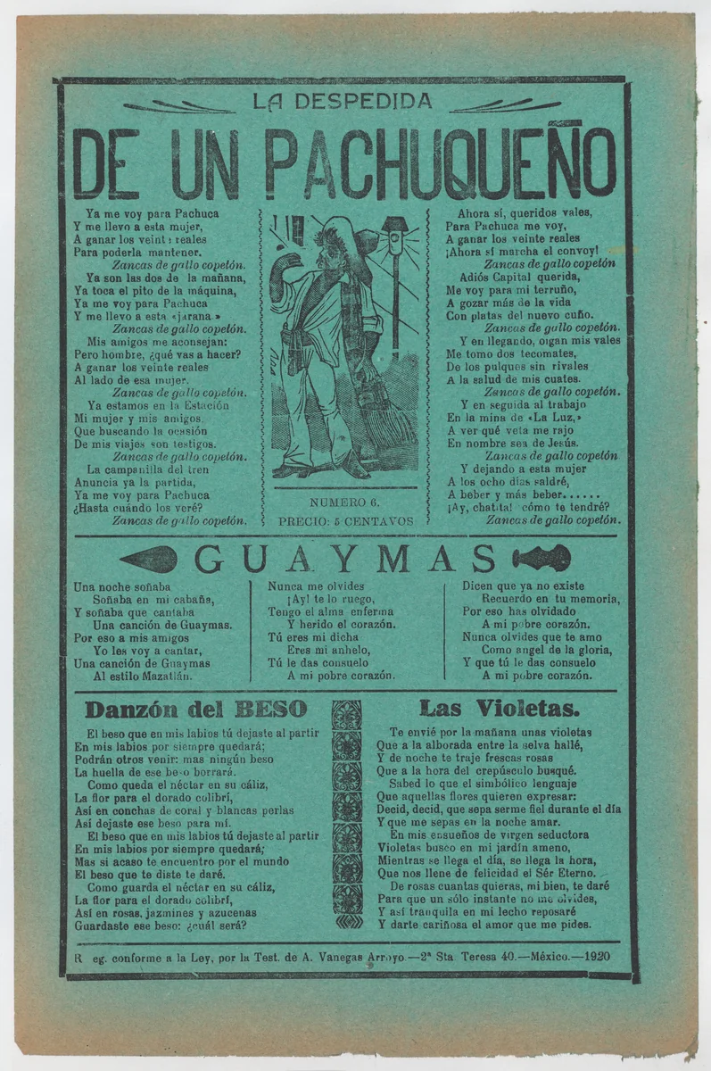 Broadsheet with love songs, man wearing a sarape standing in the street by José Guadalupe Posada, print, 1915-1925