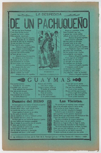 Broadsheet with love songs, man wearing a sarape standing in the street by José Guadalupe Posada, print, 1915-1925