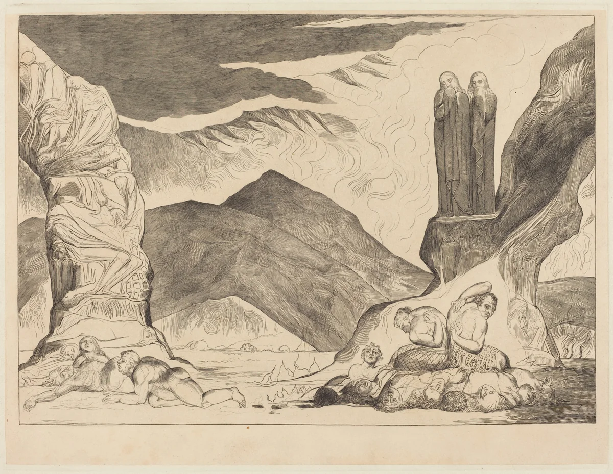 The Circle of the Falsifiers: Dante and Virgil Covering their Noses because of the st by William Blake, print, 1827