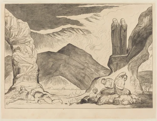 The Circle of the Falsifiers: Dante and Virgil Covering their Noses because of the st by William Blake, print, 1827