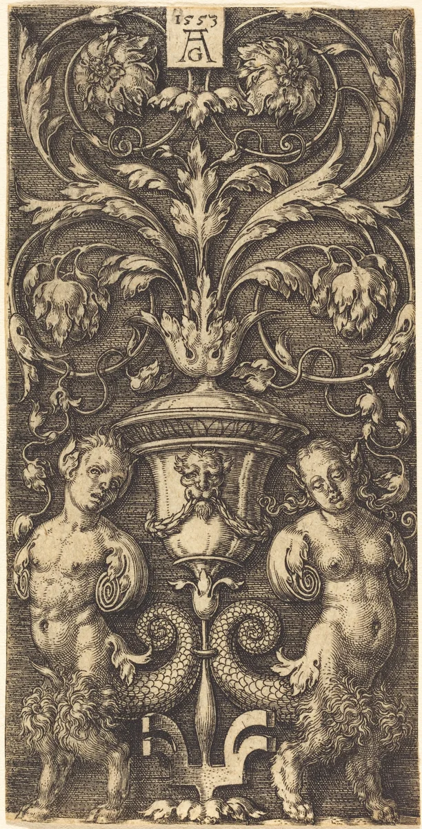 Ornament with Vase and Two Female Figures by Heinrich Aldegrever, print, 1553