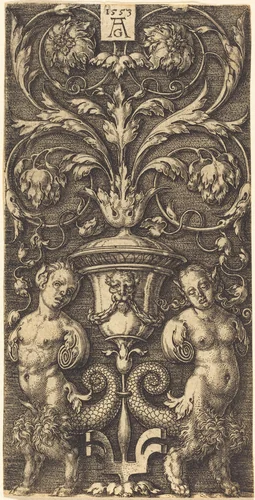 Ornament with Vase and Two Female Figures by Heinrich Aldegrever, print, 1553