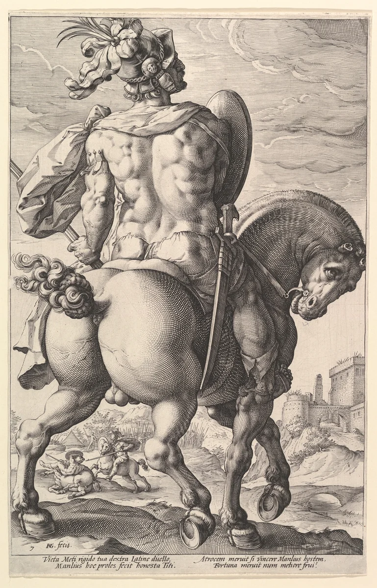 Titus Manlius Torquatus, from "The Roman Heroes" by Hendrick Goltzius, print, 1586