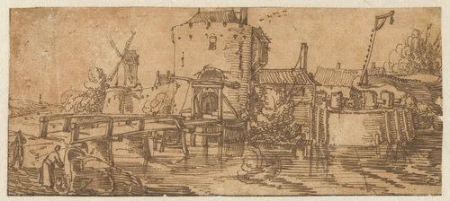 Gezicht op een stad (Culemborg?) met een brug voor een poort by Jan van de Velde, drawing, 1603-1641