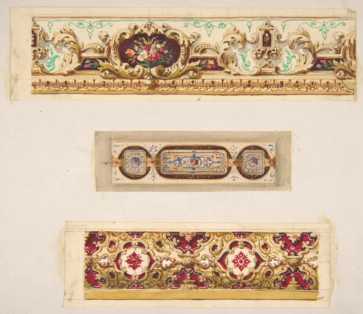 Three designs for painted borders to decorate a room by Jules-Edmond-Charles Lachaise, drawing, 1820-1897