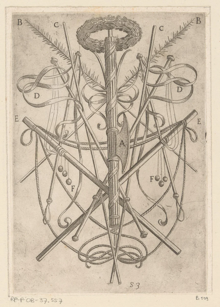 Ornament met folterwerktuigen by Unknown, print, 1565-1630