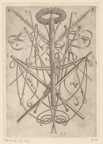 Ornament met folterwerktuigen by Unknown, print, 1565-1630