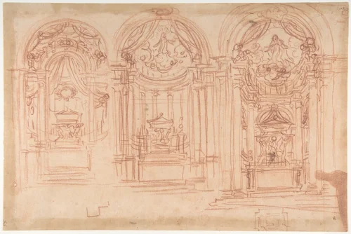 Design for a Catafalgue Used on the Occasion of the Canonization of Saint Mary Magdalen de' Pazzi, Florence, 1669 by Baldassarre Franceschini, drawing, 1669