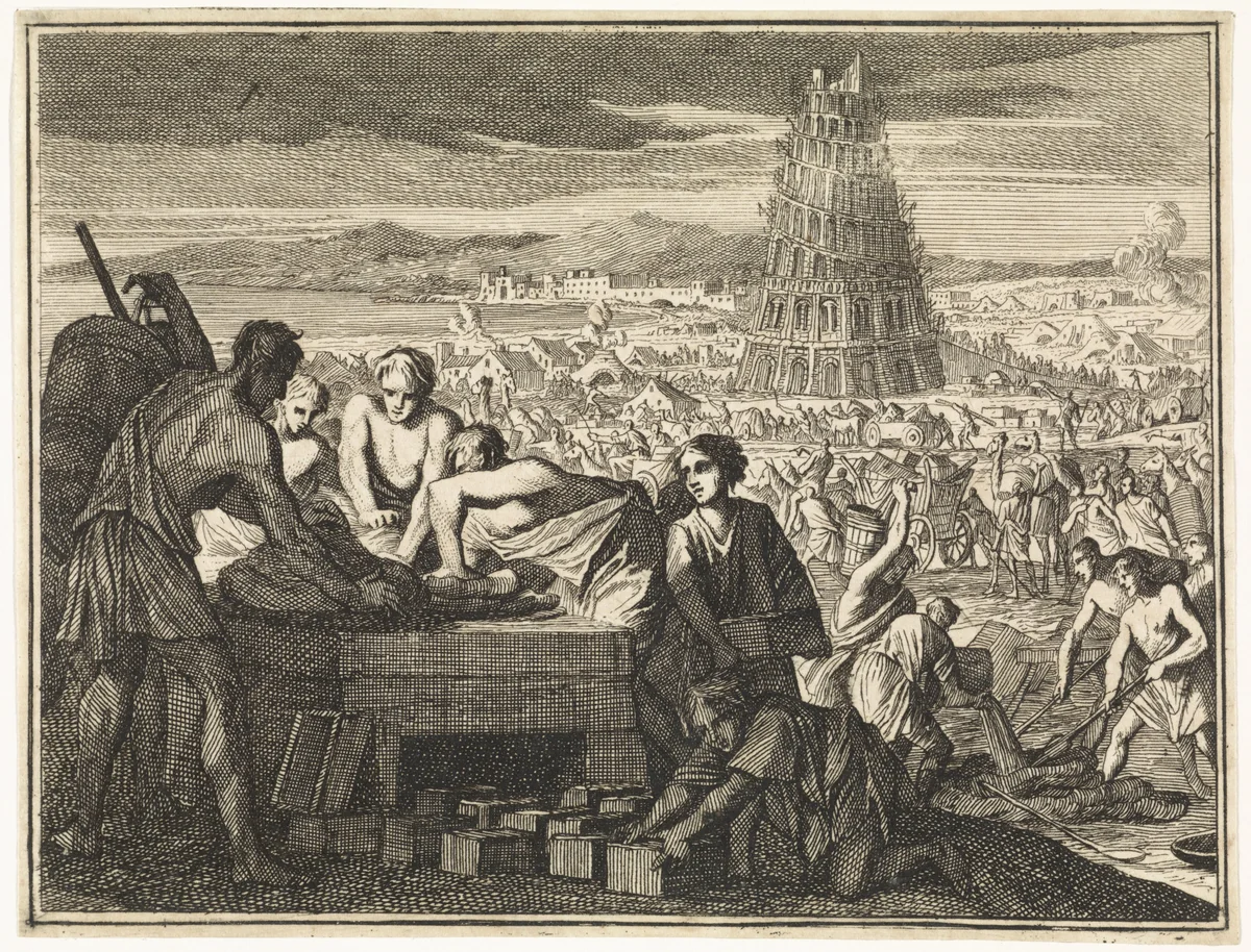 Vervaardigen van stenen voor de Toren van Babel by Caspar Luyken, print, 1712