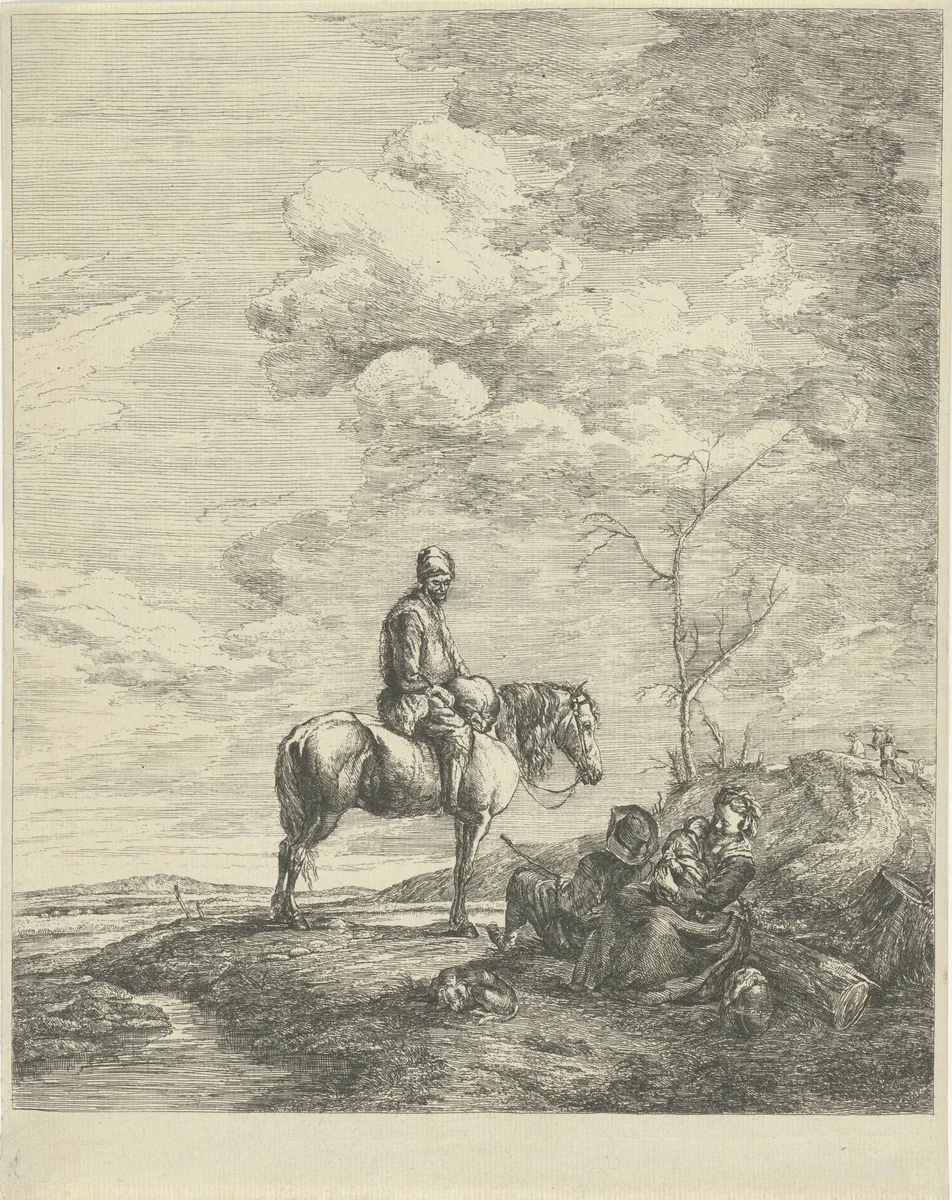 Landschap met ruiter en drie figuren by S. Le Masurier, print, 1720-1820