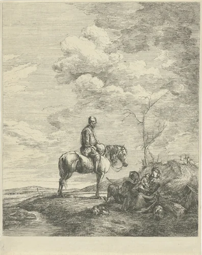 Landschap met ruiter en drie figuren by S. Le Masurier, print, 1720-1820