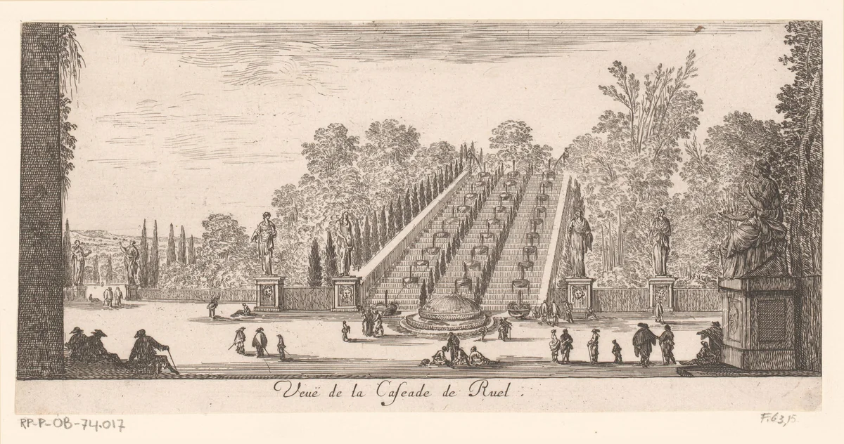 Gezicht op de cascade van Rueil by Israël Silvestre, print, 1654