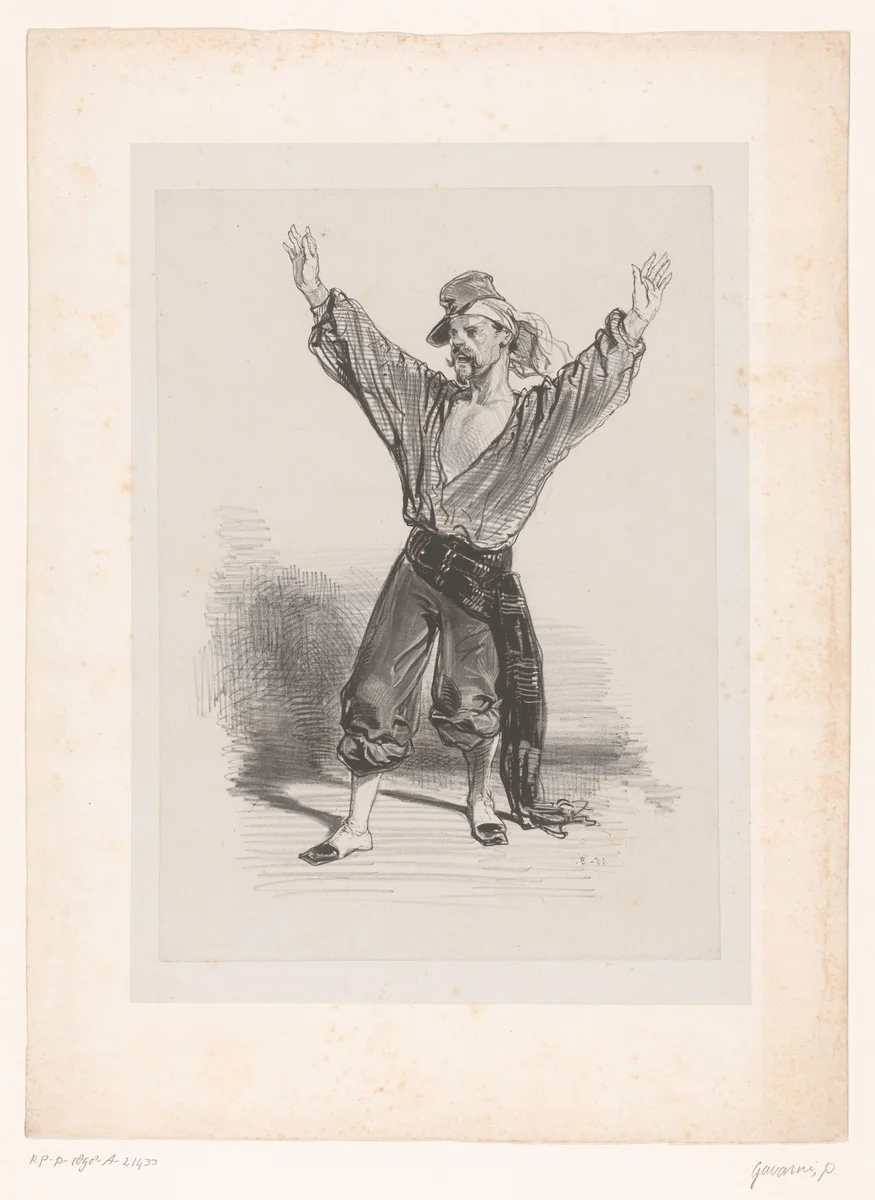 Man met kepie en opgeheven armen by Paul Gavarni, print, 1847