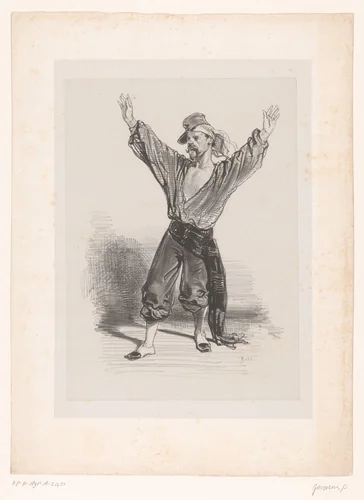 Man met kepie en opgeheven armen by Paul Gavarni, print, 1847