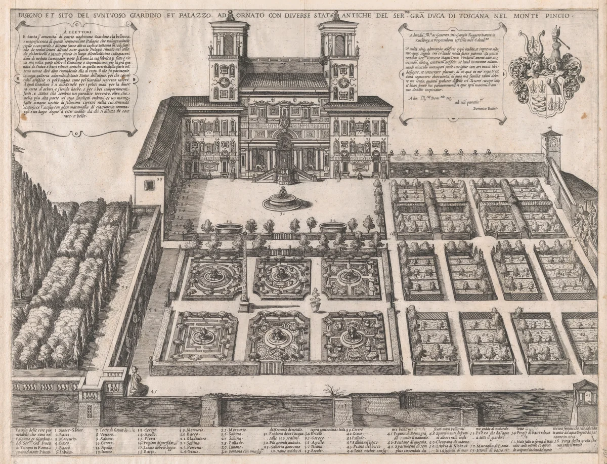 Monte Pincio Palace and Gardens, from "Speculum Romanae Magnificentiae" by Antonio Tempesta, print, 1555-1630