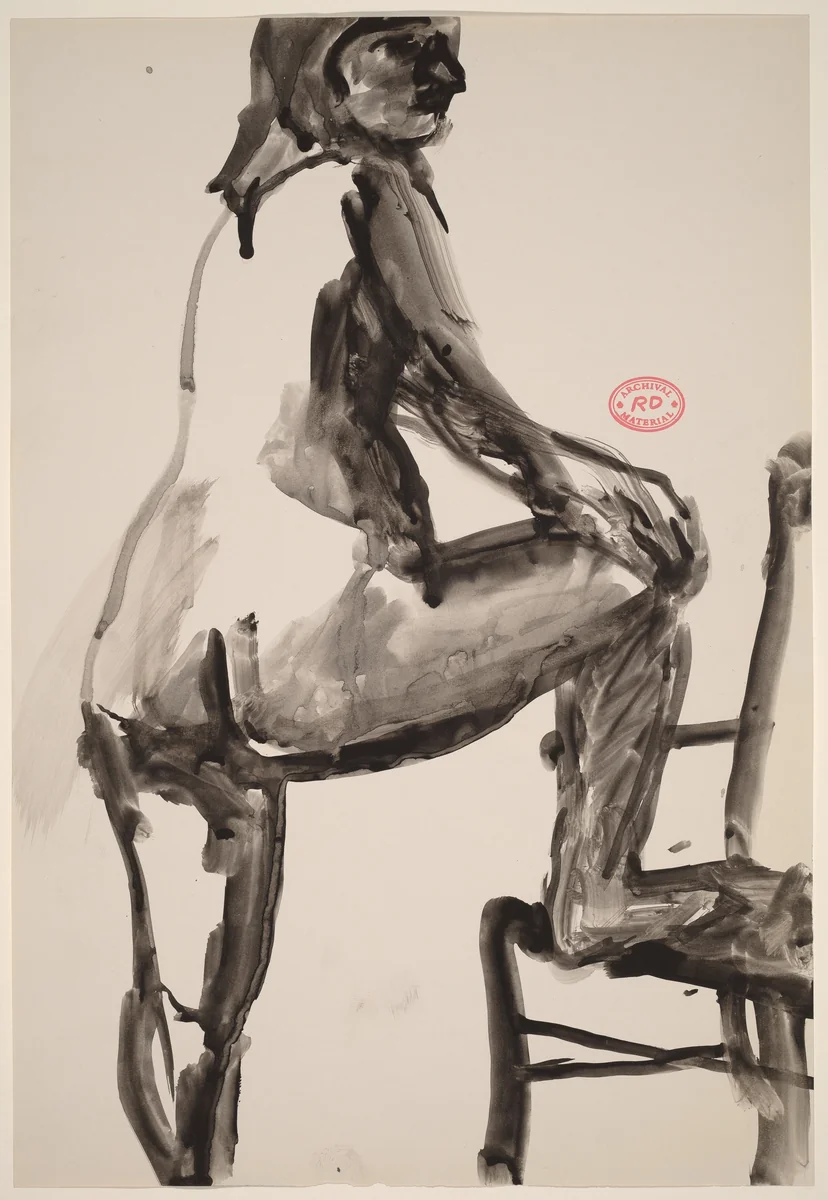 Untitled [standing female nude with right foot in chair] by Richard Diebenkorn, drawing, 1955-1967