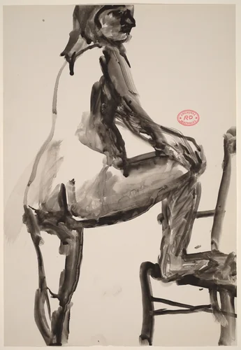 Untitled [standing female nude with right foot in chair] by Richard Diebenkorn, drawing, 1955-1967