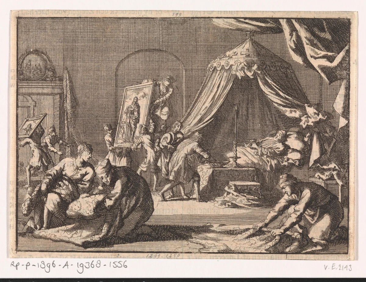 Dood van Christoph Bernhard von Galen, bisschop van Münster, 1678 by Jan Luyken, print, 1698