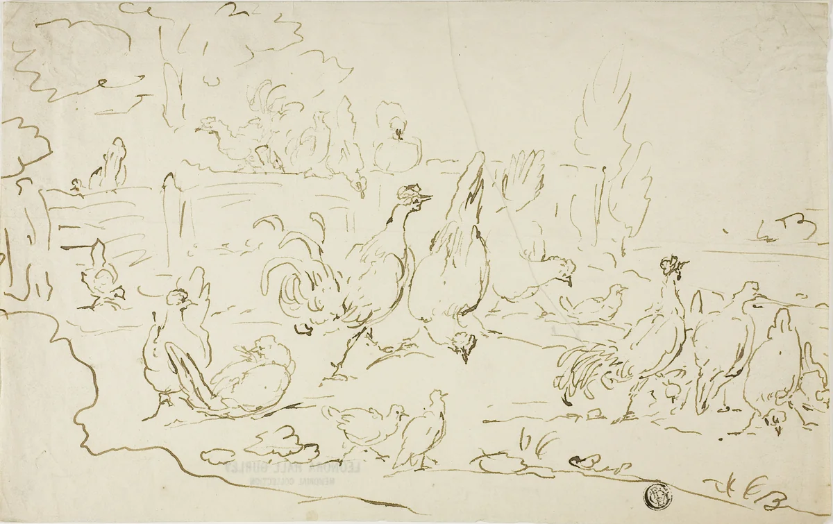 Chickens and Roosters in Yard by Gillis Claesz de Hondecoeter, drawing, 1600-1699