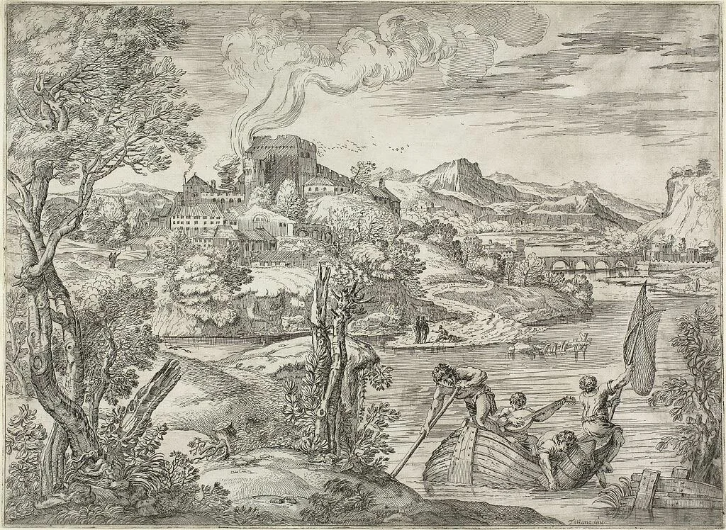 Landscape with a Luteplayer by Giovanni Francesco Grimaldi Titian, print, 1627