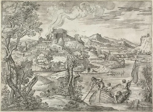 Landscape with a Luteplayer by Giovanni Francesco Grimaldi Titian, print, 1627