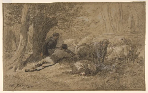 Tending the Sheep by Charles Jacque, drawing, 1830-1894