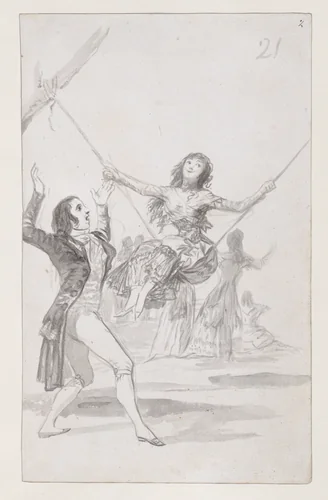 Girl on a swing, a man with his arms raised; folio 21 (recto) from the Madrid Album "B" by Goya, drawing, 1795-1797