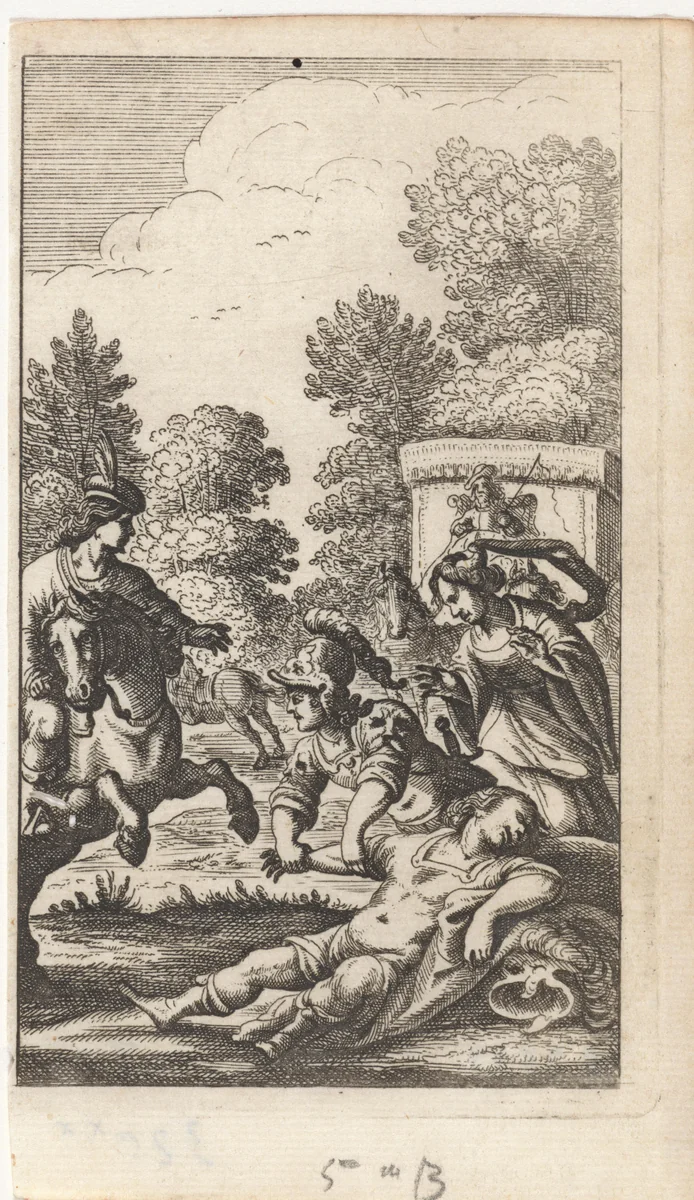 Drie personen rond het lichaam van een soldaat by Abraham Dircksz. Santvoort, print, 1667