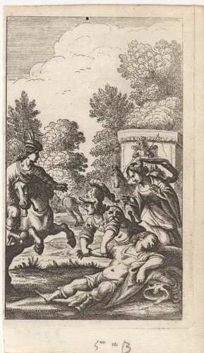Drie personen rond het lichaam van een soldaat by Abraham Dircksz. Santvoort, print, 1667
