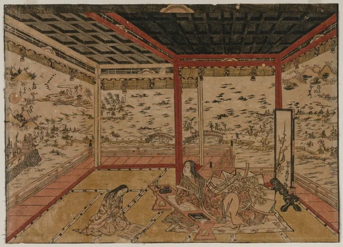 Lady Murasaki at Ishiyama Overlooking a Panorama with Eight Views of Lake Biwa by Okumura Masanobu (奥村政信), print, 1740-1749