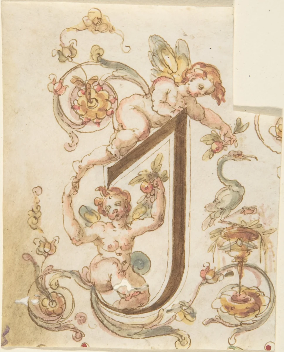 Decorative Letter "I" with Putti (Embroidery Design?) by anonymous, drawing, 1500-1599